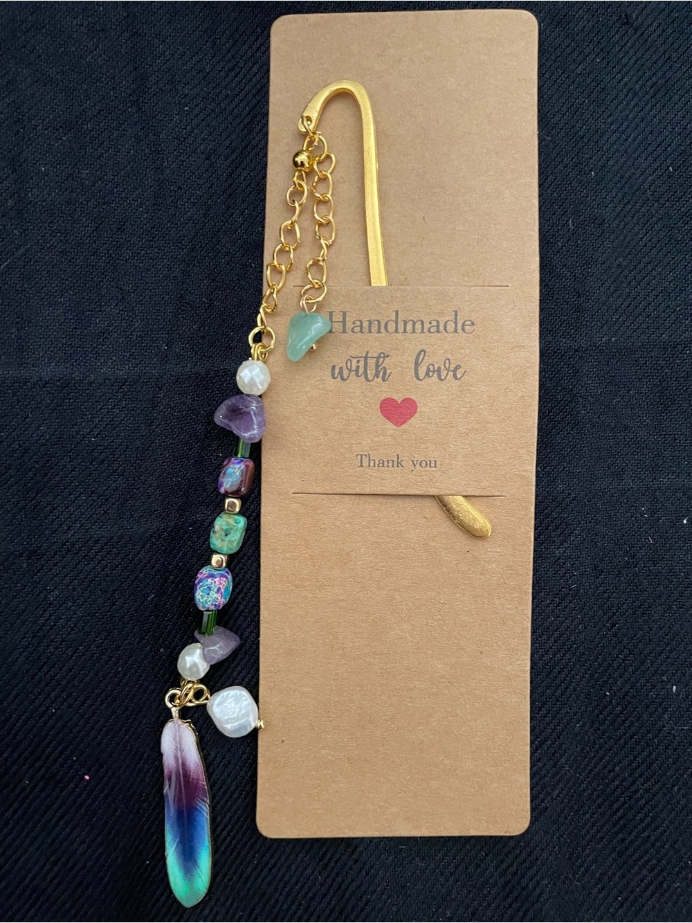Handmade Multicolor Bead and Feather Bookmark- Blue Green Purple